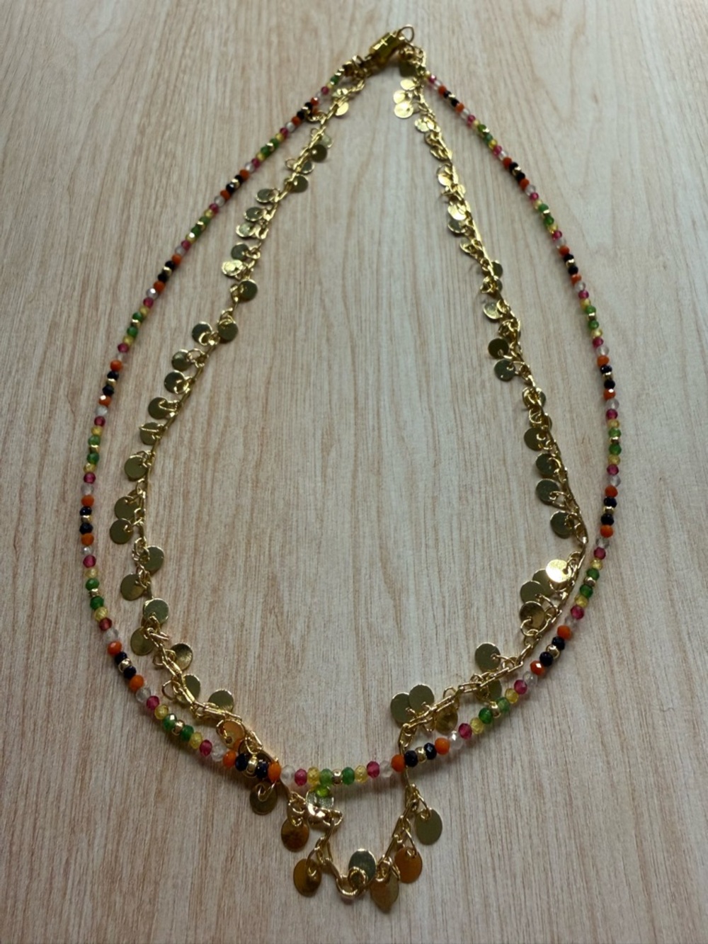 Gold Multi-Color Beaded Disk Layered Necklace